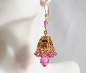  Gorgeous Hot Pink Quartz Chandelier -Mystic Rubelite quartz Gold Enamel lampshade bell Chandelier earringsDangle Drop Earrings
