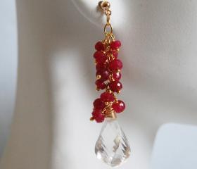  Ruby And Crystal Quartz Cluster dangle Drop Earrings -July Birthstone Earrings- Wedding Jewelry -Bridal Jewelry