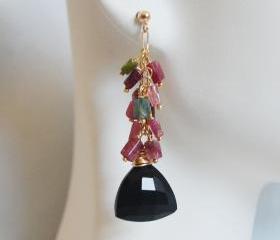  Black Spinel- Multi Tourmaline Cluster Dangle drop Earrings