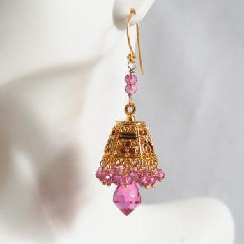  Gorgeous Hot Pink Quartz Chandelier -Mystic Rubelite quartz Gold Enamel lampshade bell Chandelier earringsDangle Drop Earrings
