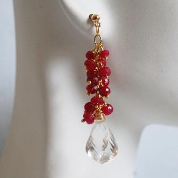  Ruby And Crystal Quartz Cluster dangle Drop Earrings -July Birthstone Earrings- Wedding Jewelry -Bridal Jewelry