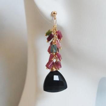  Black Spinel- Multi Tourmaline Cluster Dangle drop Earrings