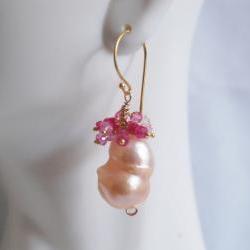  Rare AAA FLAMEBALL Baroque cultured Pink fresh water pearl and shaded Ruby Earrings
